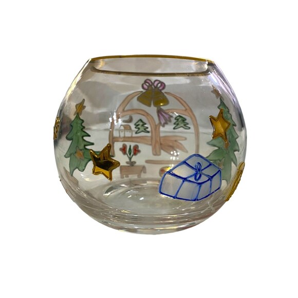 Christmas Bowl Vase Made in Romania Cut Crystal Clear 4" Handcrafted Gold Trim - Picture 4 of 8